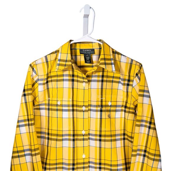 Ralph Lauren Women's Shirt Yellow Blue Plaid Check Logo Preppy Button Up Top PM - Picture 6 of 10